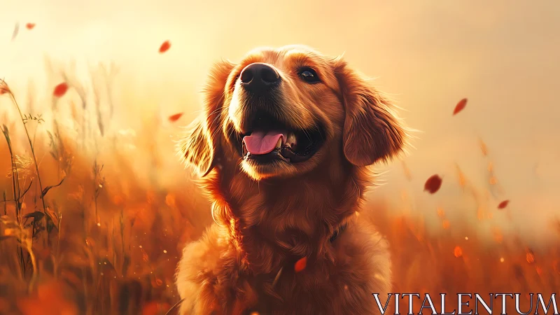 Golden retriever sits in glowing autumn field at sunset