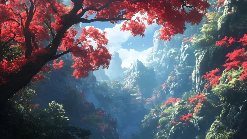 Digital painting of vermilion canopy over misted mountain gorge.