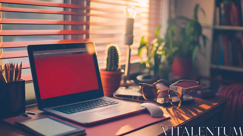 Cozy home office desk glows in warm evening sunlight.