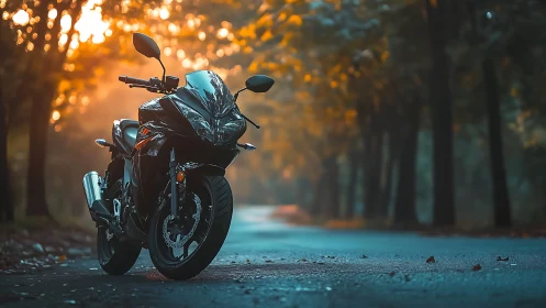 Sport motorcycle on wet forest road under warm bokeh backlight