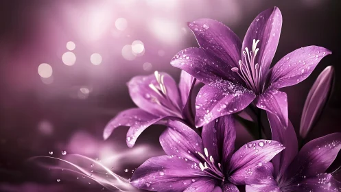 Purple Lilies with Water Droplets in Soft Focus.