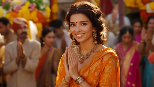 Smiling woman in orange saree greets during festive ceremony