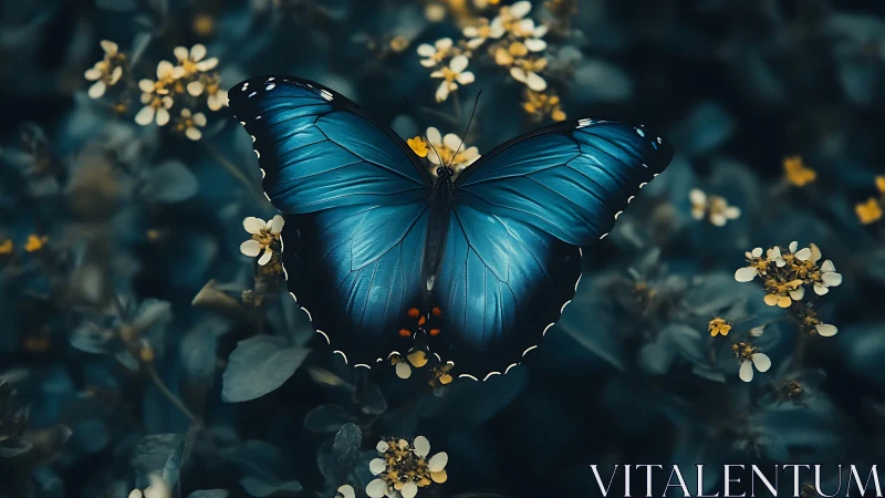 Blue butterfly rests with wings spread over small flowers