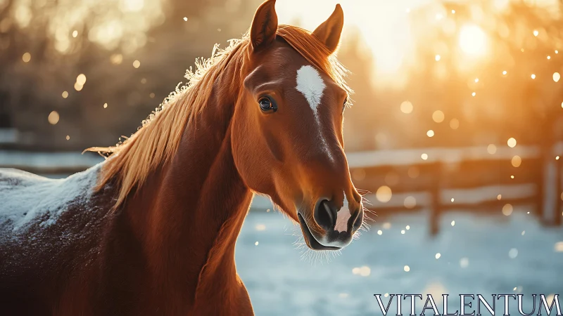 Chestnut horse in backlit winter snowfall, high fidelity rendering.