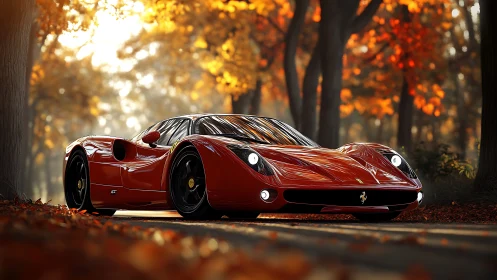 Crimson supercar glides through a glowing autumn forest lane