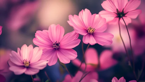 Pink cosmos flowers with selective focus and blurred background.