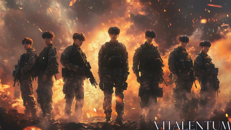 Seven armed soldiers stand silhouetted against infernal firestorm
