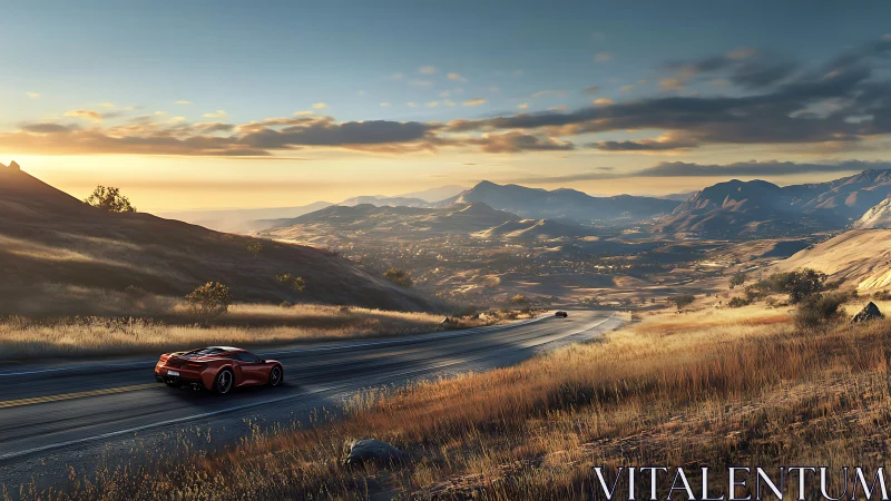 Red sports car drives through golden valley at sunrise