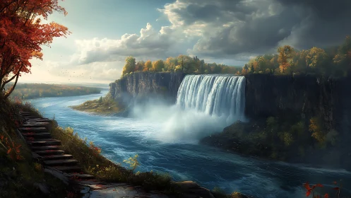 Wide cascade waterfall intersects autumn plateau under dramatic clouds