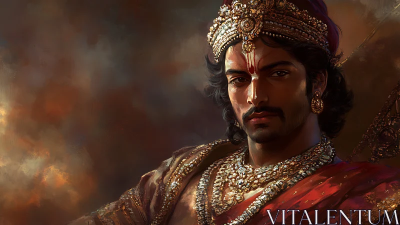 Digital painting portrait of regal warrior in jewel-toned chiaroscuro.