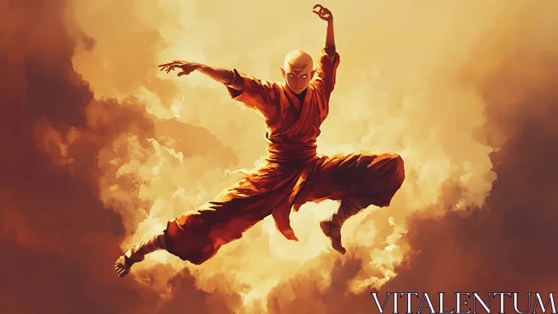Martial monk leaps through burning clouds in fierce focus