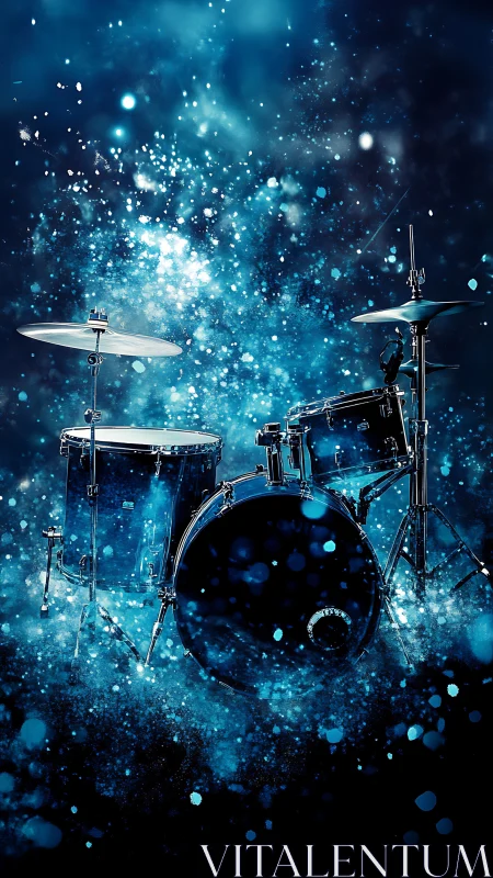 Drum kit in vivid blue abstract stage lighting scene.