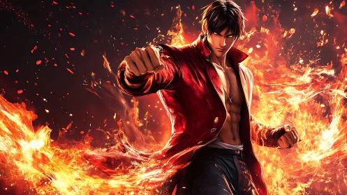 Fiery anime fighter in red coat unleashing blazing power.
