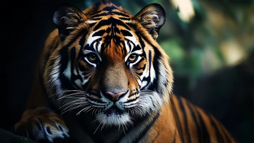 Tiger crouches in dense jungle light with piercing gaze