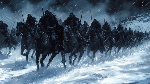 Storm-born riders charge through the midnight snowstorm.