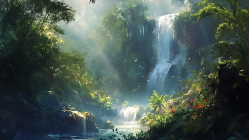 Waterfall Canyon Sanctuary with Golden Light and Mist.