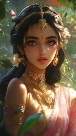 Forest goddess portrait with luminous golden jewelry.
