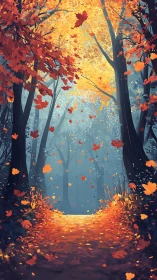 Autumn Forest Pathway: Luminous Foliage Descent Through Misty Woodland