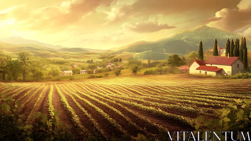 Golden country farmhouse beside sunlit rolling fields.