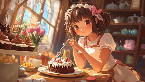 Smiling young baker decorating cake in cozy sunlit bakery.