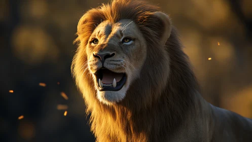 Majestic lion roars in golden dusk light on the savanna