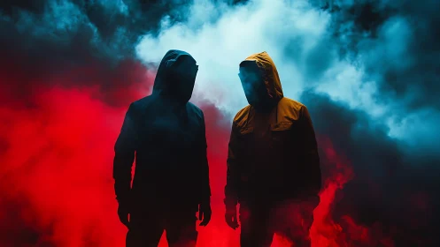 Backlit hooded silhouettes intersect dense bicolor atmospheric smoke