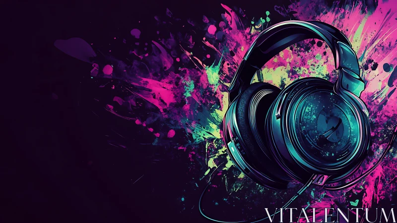 Over-ear headphones with neon paint splatter abstraction.