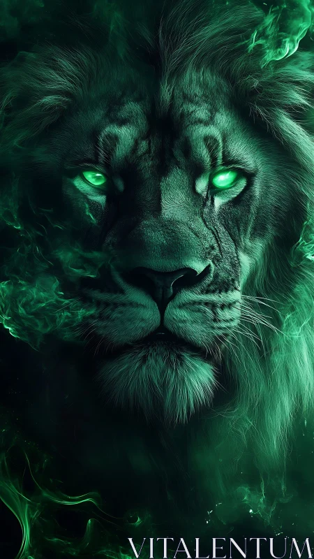 Emerald firemane lion gazes through enchanted neon dusk.