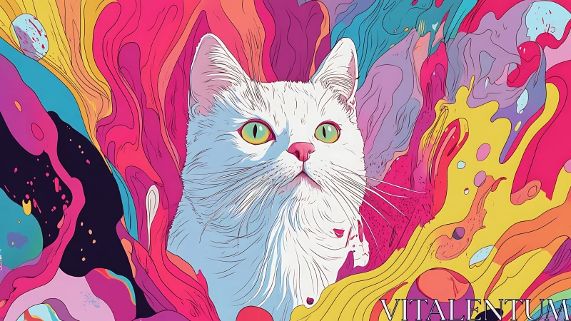 Luminous Cat Amid Psychedelic Chromatic Waves.