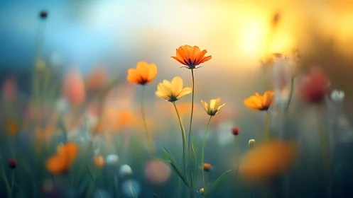 Wildflower Meadow at Sunrise: Shallow Depth-of-Field Botanical Study.