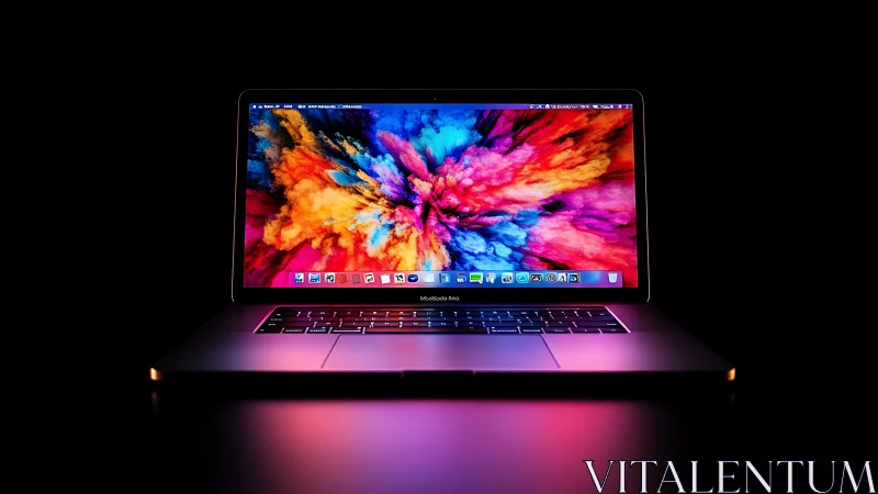 Open laptop with colorful display on black background.