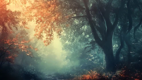 Luminous Forest Pathway with Autumn and Spring Seasonal Contrast.