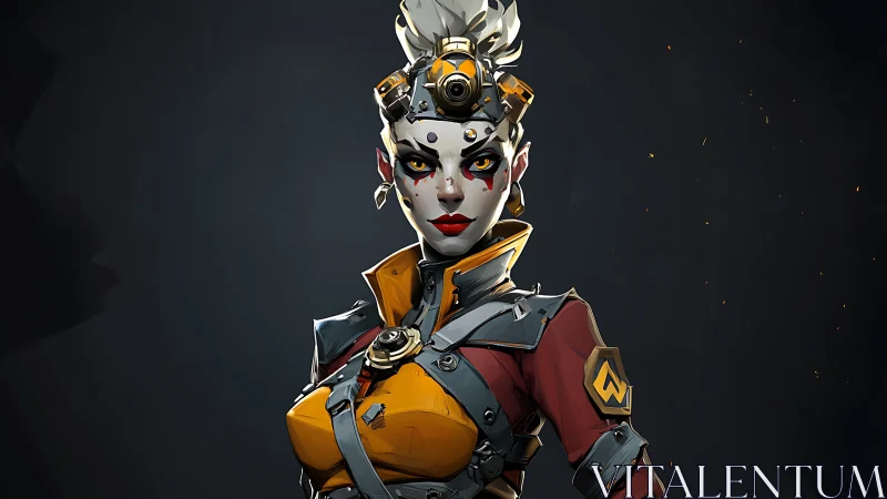 Bold steampunk heroine in vivid yellow armor and gear.