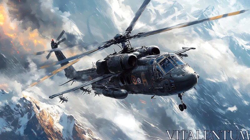 Storm-braving rescue helicopter soaring above wild peaks.