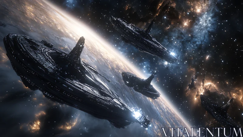 Orbiting dreadnought fleet above luminous alien world.