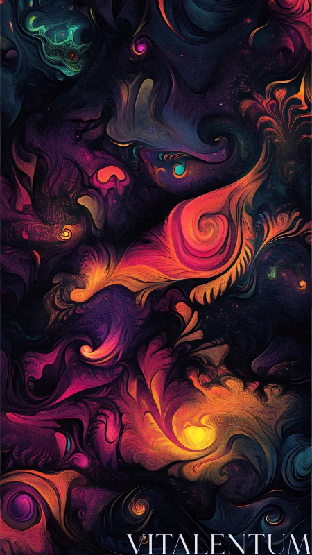 Vibrant cosmic swirls orbit glowing cores in dark abstract field