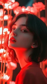 Female portrait in red backlight among vertical flowers.