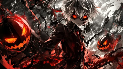 Sinister anime figure with glowing red eyes and pumpkins.