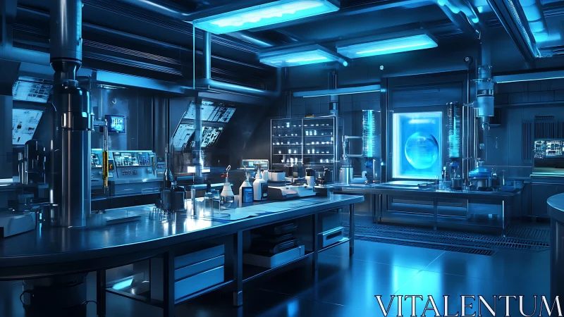 Futuristic blue laboratory shows advanced sterile research environment
