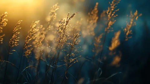 Backlit grass stems in shallow focus under warm light.