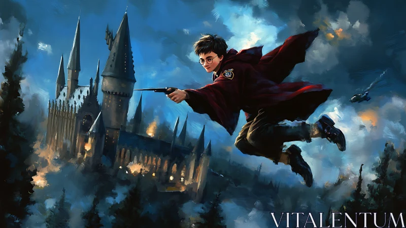 Young wizard flying past gothic castle in stormy sky.