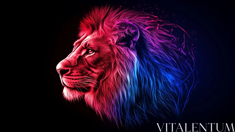Neon lion profile glows in vivid pink and blue light