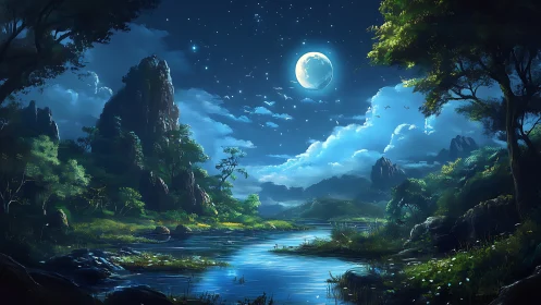 Moonlit river valley with distant mountains and trees.