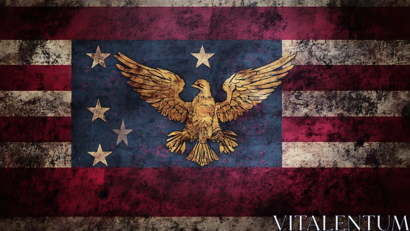 Weathered eagle standard across scarred crimson stripes.