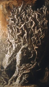 Tormented souls clinging to cliff in dark infernal ascent.
