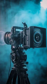 Cinematic film camera glows through teal studio smoke.