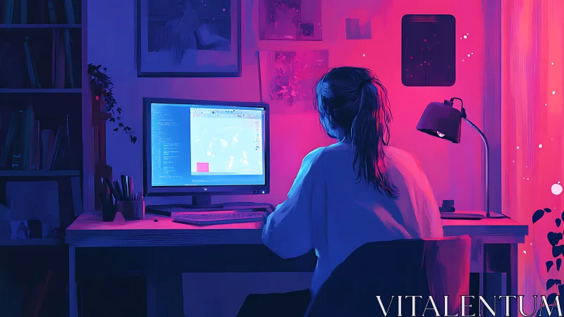Woman working at desktop computer in neon lit home office.