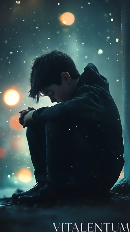 Lonely hooded boy crouches in glowing winter night street