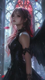 Dark-winged gothic angel gazes back beneath stained glass.