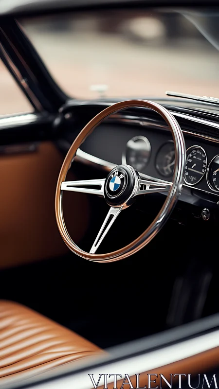 Timeless classic car wheel with warm leather interior.